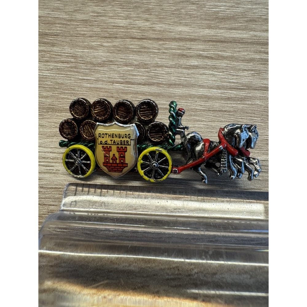 German Rothemburg Beer Cart Brooch Horses Silver Tone Pin